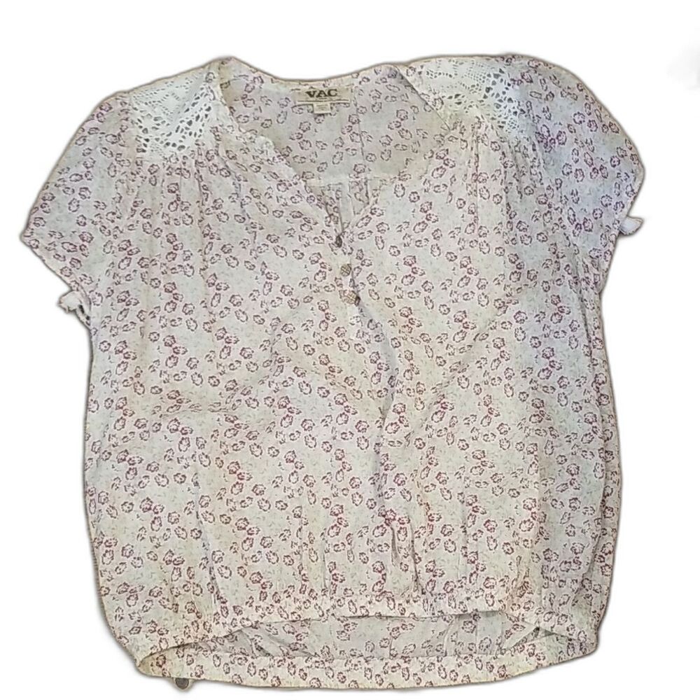 Ya Los Angeles Floral Lace Cap Sleeve Blouse Cream White Button Up S